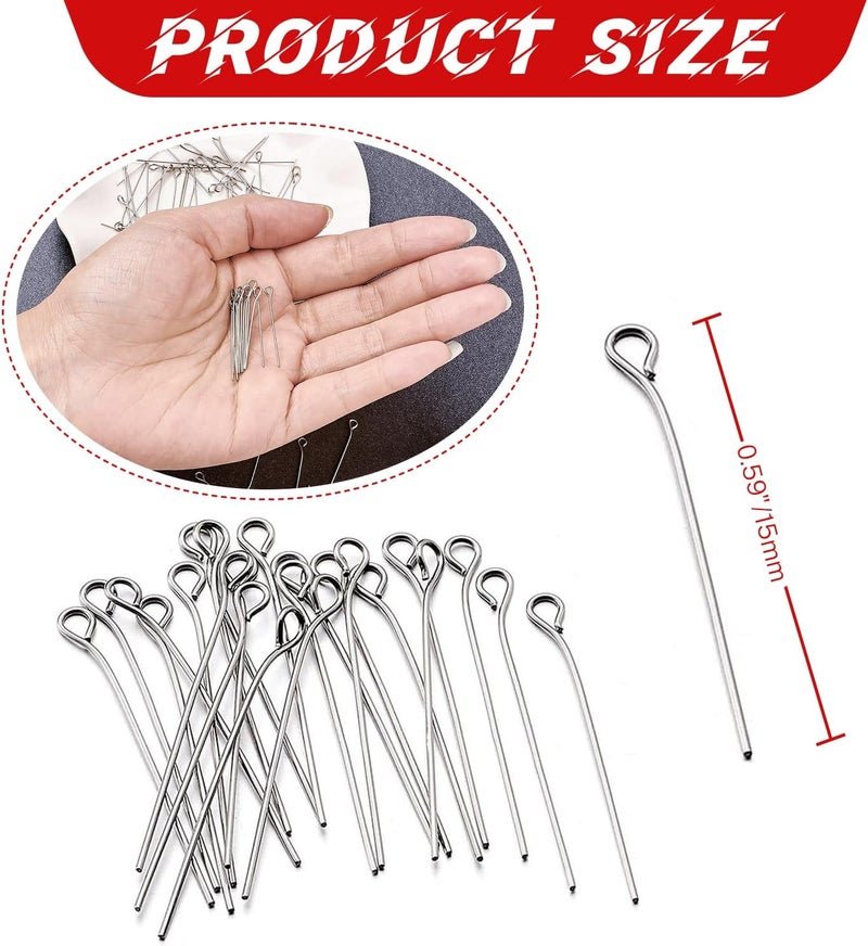 QIMAOO 300Pcs 0.59" Open Eye Pins for Jewelry Making, Stainless Steel Jewelry Eye Pins Length 15mm Eyepins headpins for DIY Craft Bead Earring Necklace - Image 2
